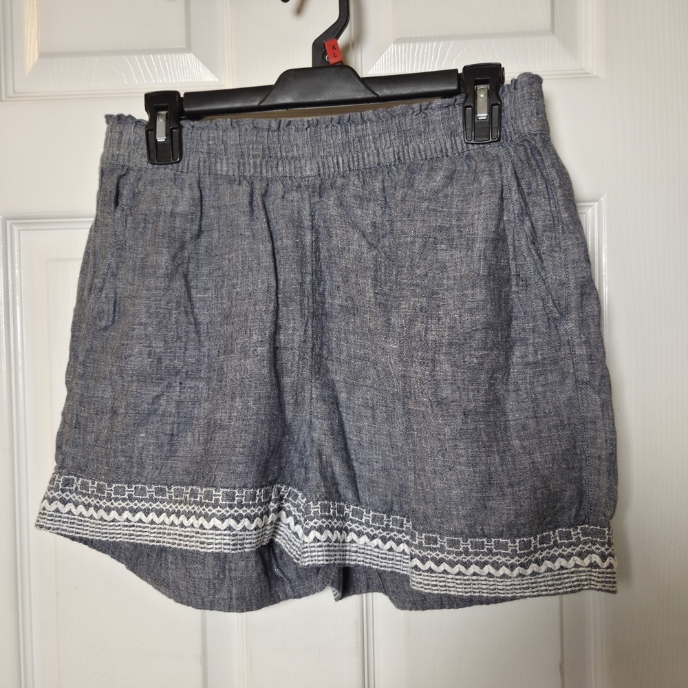 Sigrid Olsen sz M 100% linen embroidered shorts pull on coastal resort vacation